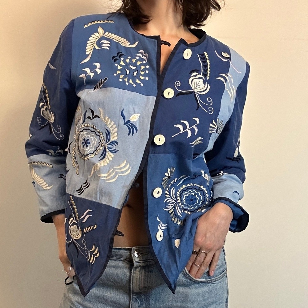 Indigo Moon Patchwork Embroidered Floral Cotton Jacket Blue Medium Whismy Twee